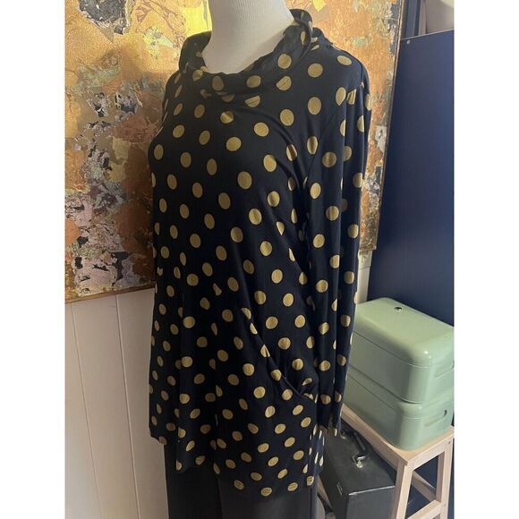 Komil Womens L Tunic Mini Dress Black Polka Dot Lagenlook Cowl Neck Pockets - Picture 6 of 10